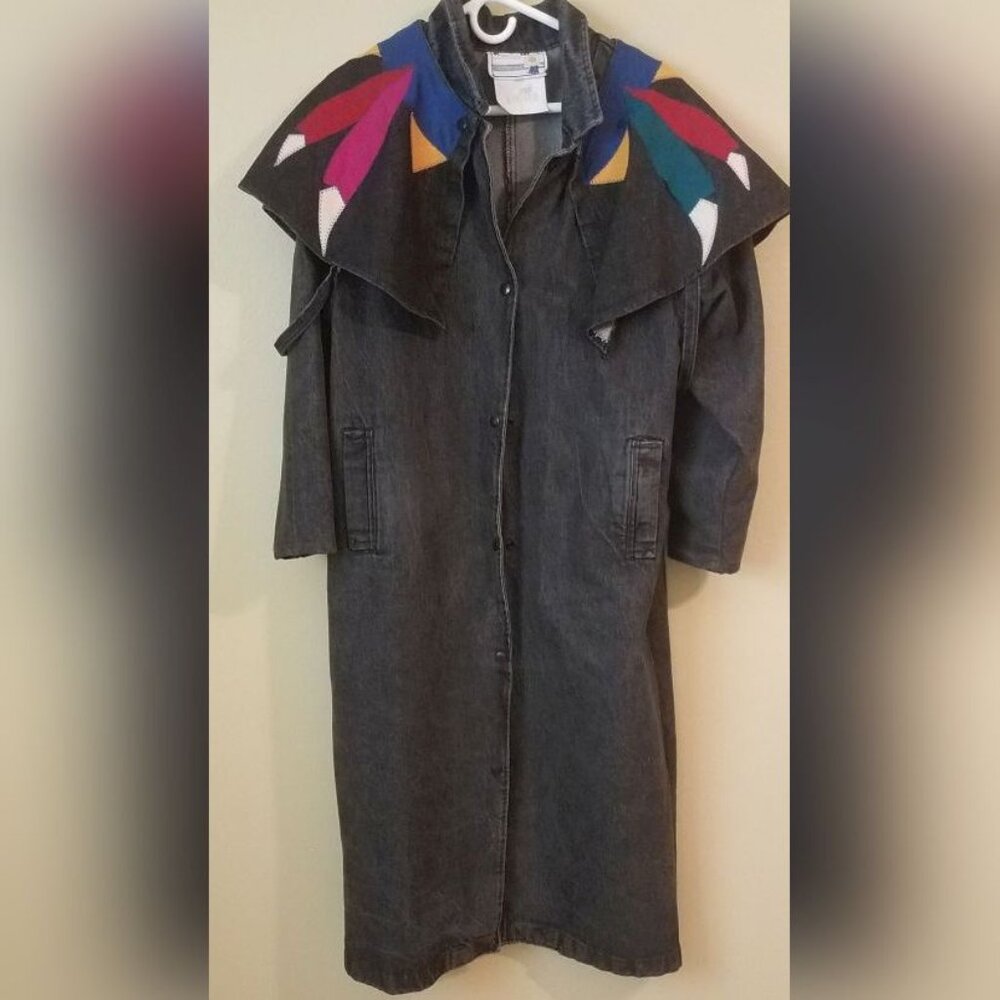 Vintage 80 Pioneer Wear Denim Trench Coat Southwestern Cowgirl Duster Jacket